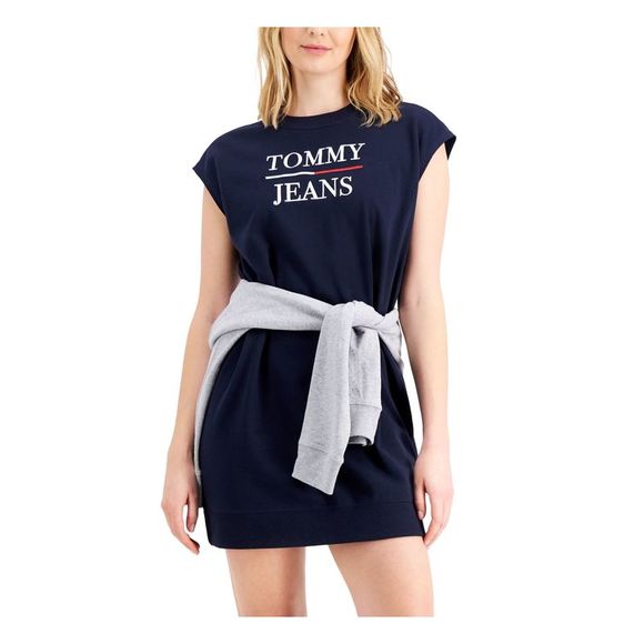 TOMMY JEANS Womens Navy Ribbed Cap Sleeve Crew Neck Short Sweater Dress L - Picture 1 of 1